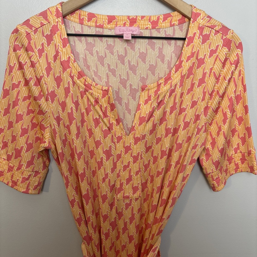 Lilly Pulitzer Colleen Silk Dress Printed Apricot‎ Armstrong Houndstooth Size 10 - Picture 8 of 11